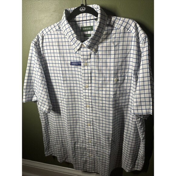 NWT Orvis Wrinkle Free Shirt XL Classic Fit Blue Check Short Sleeve Stretch - Picture 1 of 4
